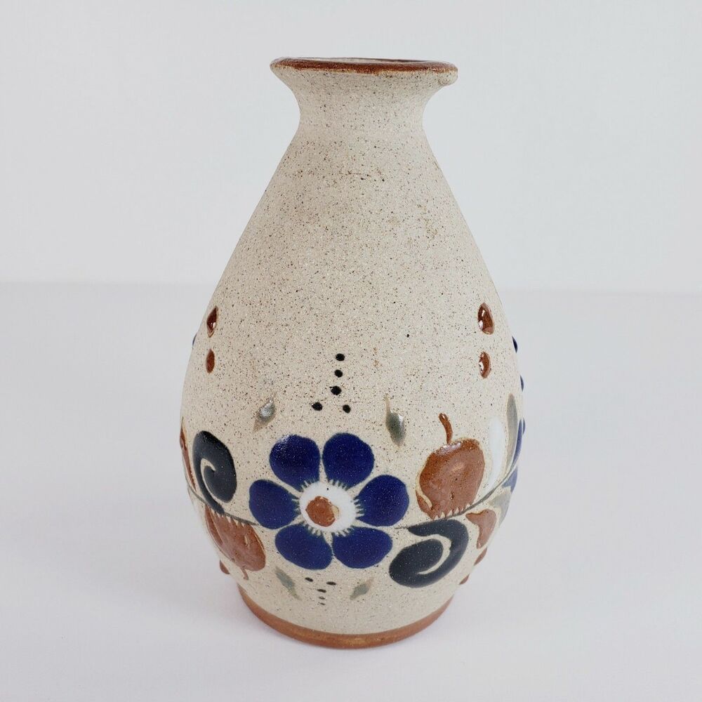 Mexico Pottery Netzi Tonala Bud Vase Sand Textured Tan Cobalt Flower Folk Art